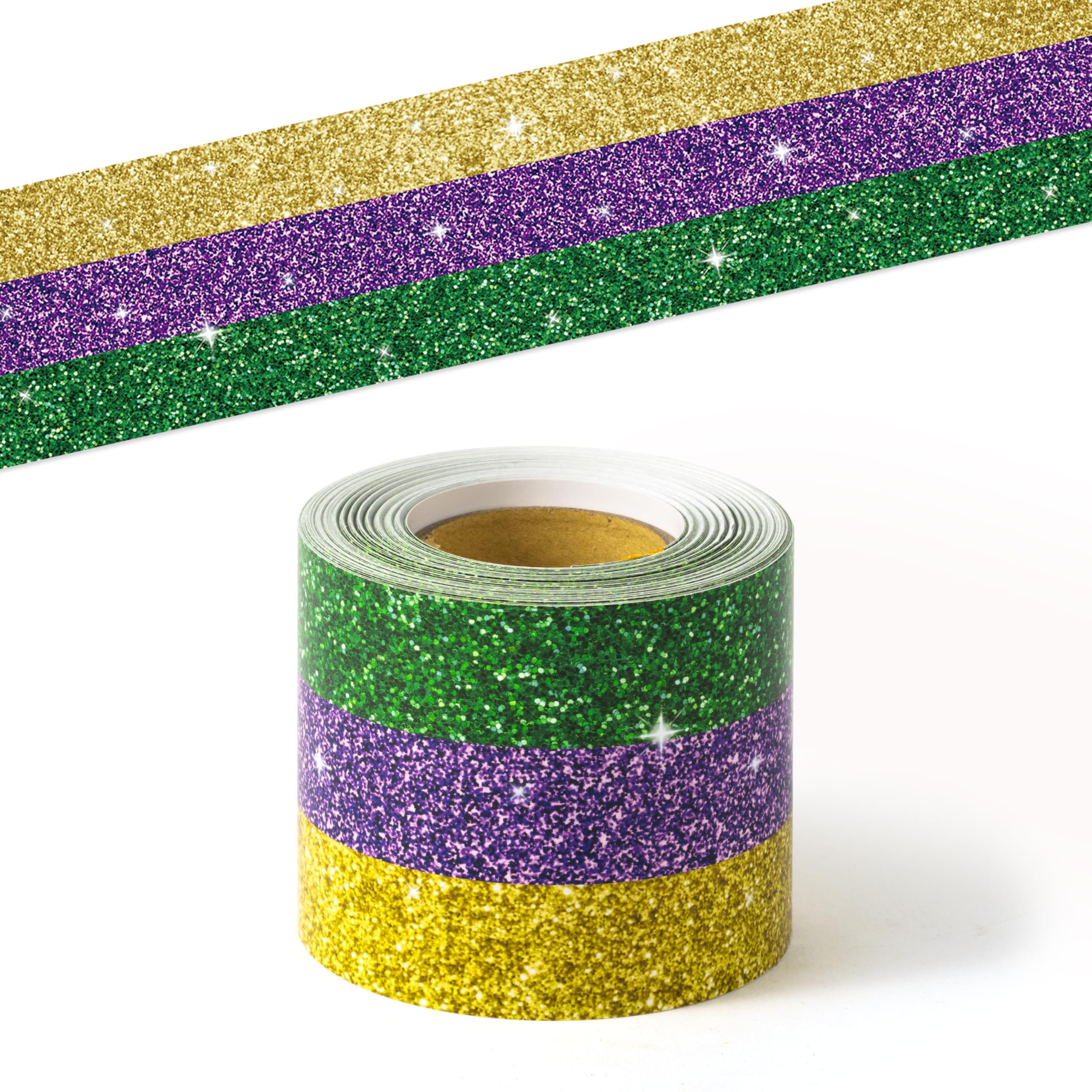 BeYumi Mardi Gras Border Trim - 65ft Mardi Gras Straight Rolled Border Trim Classic Glitter Yellow Purple Green Bulletin Board Set Carnival Holiday Masquerade Party School Classroom Home Wall Decor