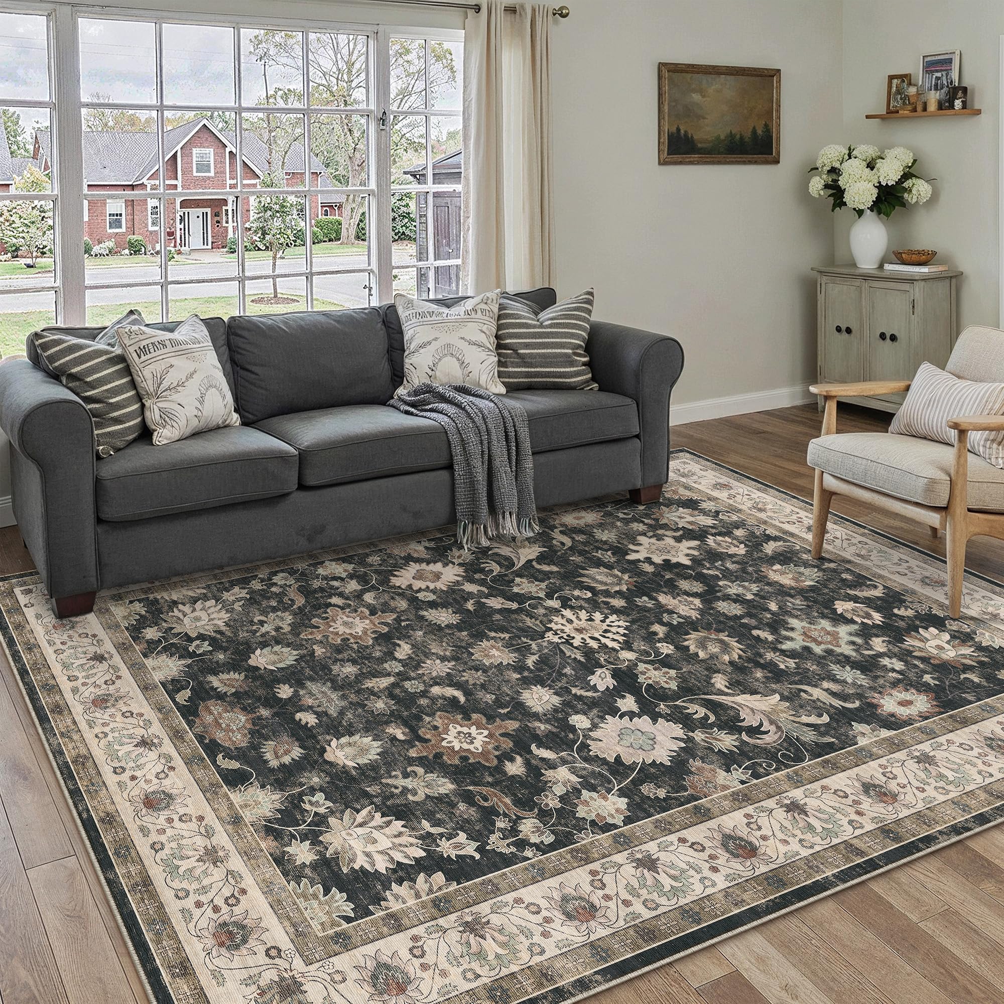hugear area rug 5x7 vintage black machine washable living room rugs distressed retro floral vacuumable low pile carpet bedroom office dining farmhouse playroom non slip
