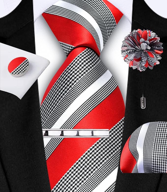 Men's 5-pc Striped Tie Gift Set - Jacquard Necktie, Pocket Square, Cufflinks, Lapel Pin, Tie Clip - Wedding Formal Gifts