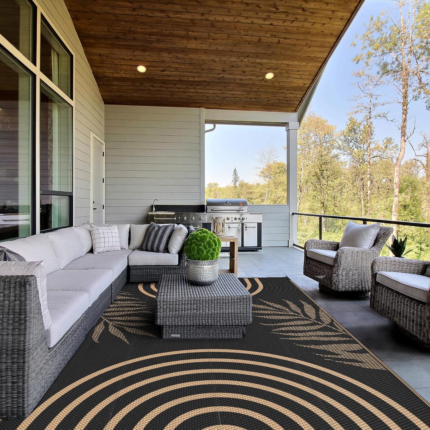 genimo outdoor rug 9' x 12' waterproof for patio clearance, reversible lightweight plastic straw camping carpet, large area rugs mats for rv, backyard, deck, porch, picnic, balcony, mix-black & brown