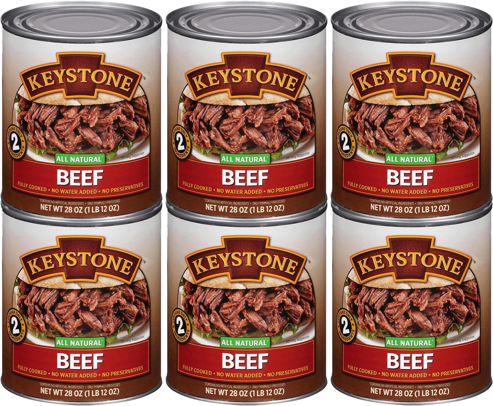 Keystone Meats All Natural Heat and Serve Canned Beef 28 Oz Fully Cooked Canned Meat Long Shelf Life Emergency Survival Canned Food Ready to Eat No Preservatives Gluten Free Made in USA Pack of 6