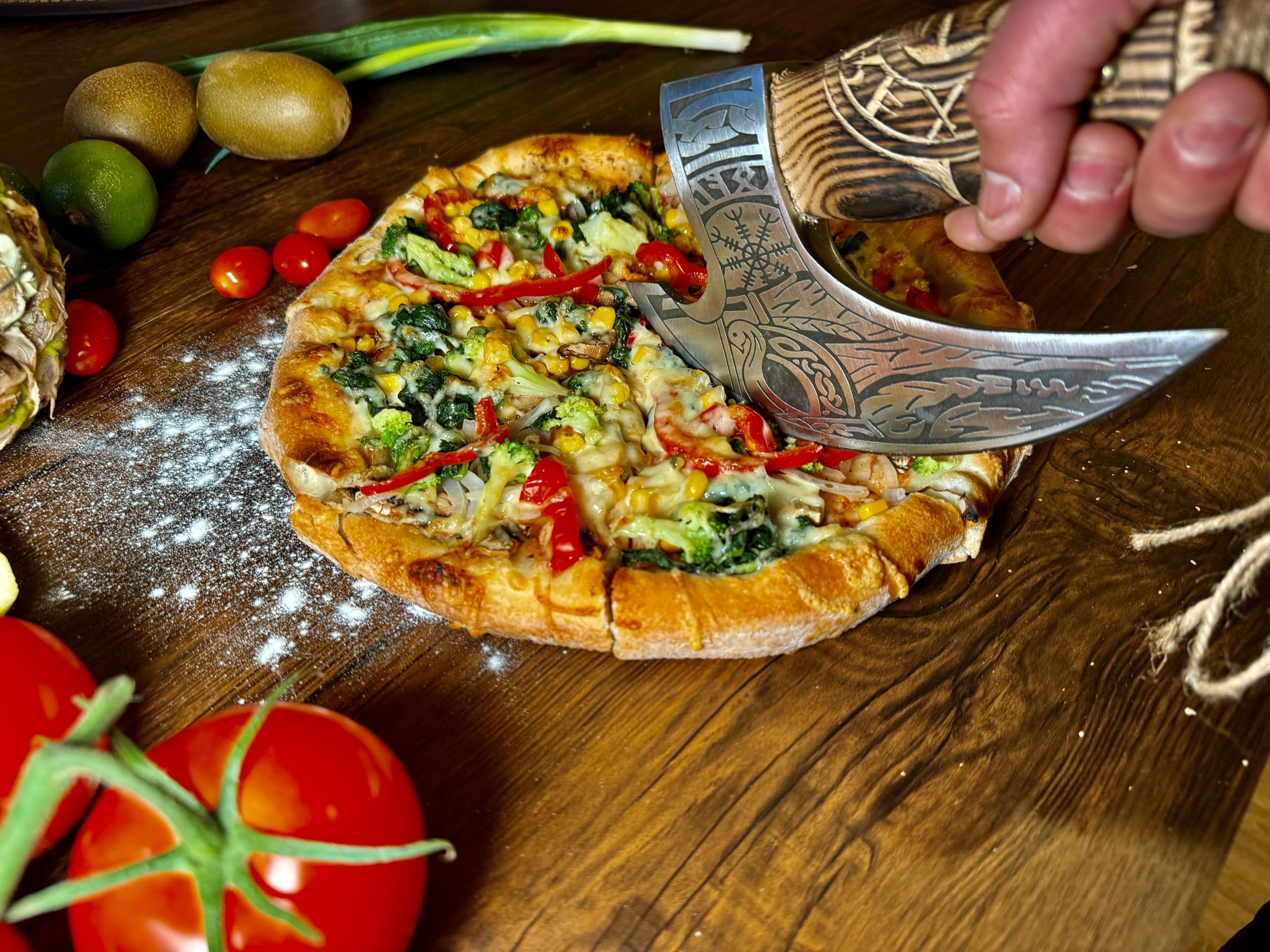 Vintage Viking Pizza Bijl, Pizza Snijbijl RVS Handgemaakte Viking Pizza Snijbijl met Houten Handvat Pizza Snijgereedschap