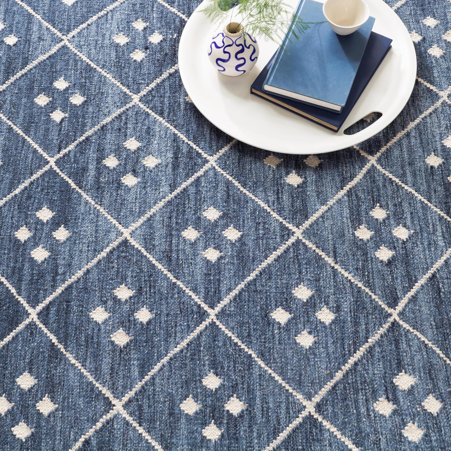 Dash and Albert Kota Wool Area Rug - 5' x 8' Indigo Diamond Handwoven Accent Rug - Durable, Low Pile, High Traffic Areas Living Room, Hallway, Stairs - Premium Luxury Hotel Quality Soft Breathable