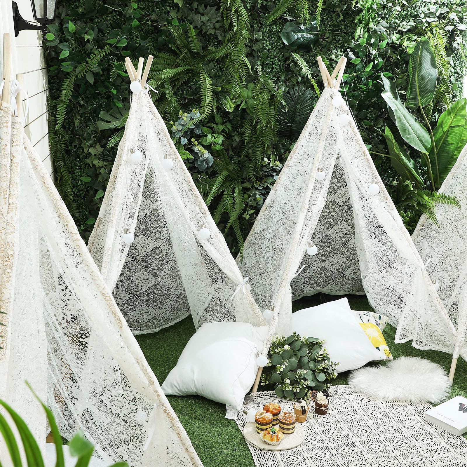 Windyun 4 Pack Teepee Tents for Kids, Play Tipi Tent for Children Boys Girls, Indoor Outdoor Toddler Sleepover Tents Foldable Washable Cotton Canvas Playhouse for Slumber Party (White,63 Inch)