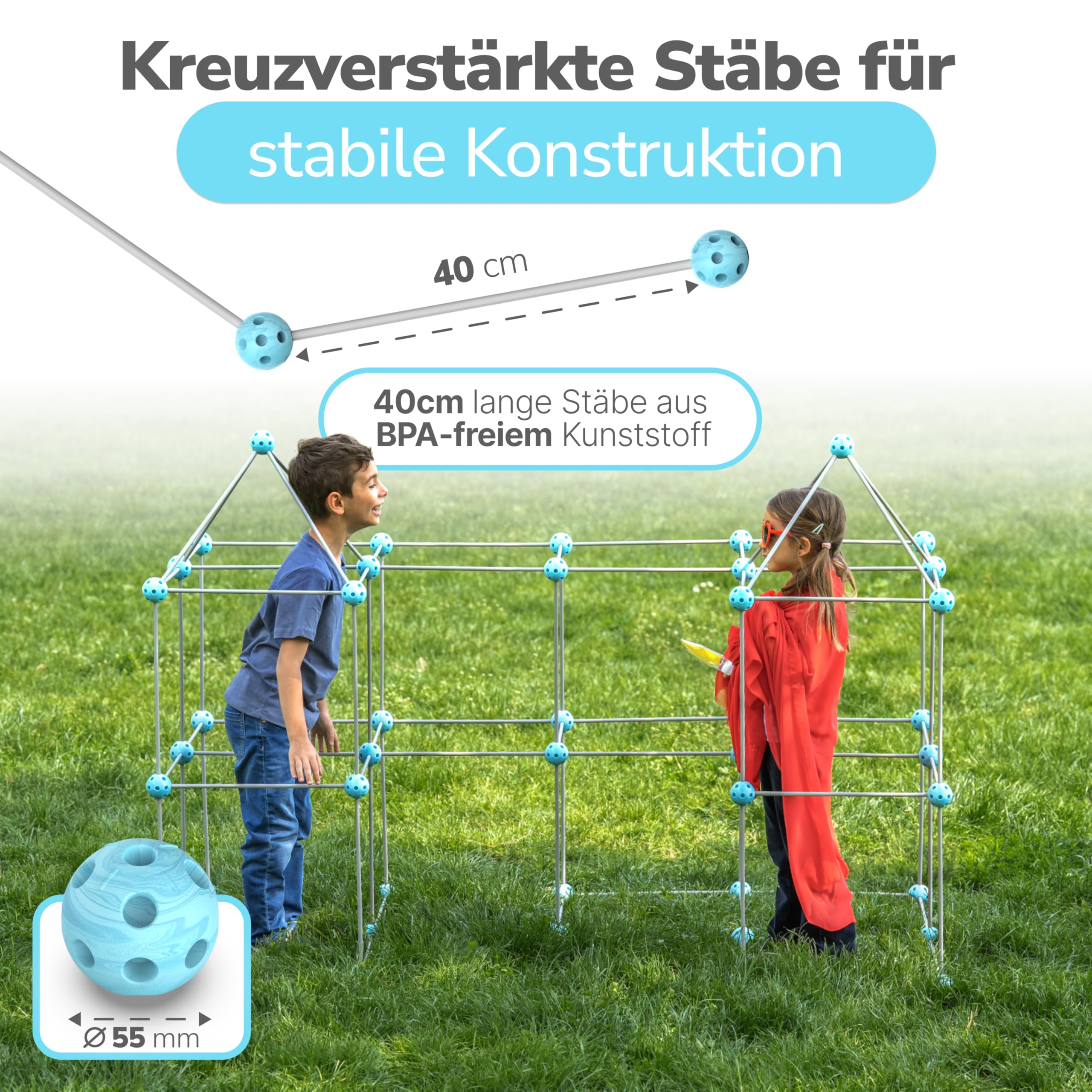 KINDERWERK - Konstruktionsspielzeug – 140-teiliges Set zum Höhle Bauen für Kinder – Unterstützt Kreativität & räumliches Denken – Indoor & Outdoor Spielzeug (blau/grau) (Packung mit 2)