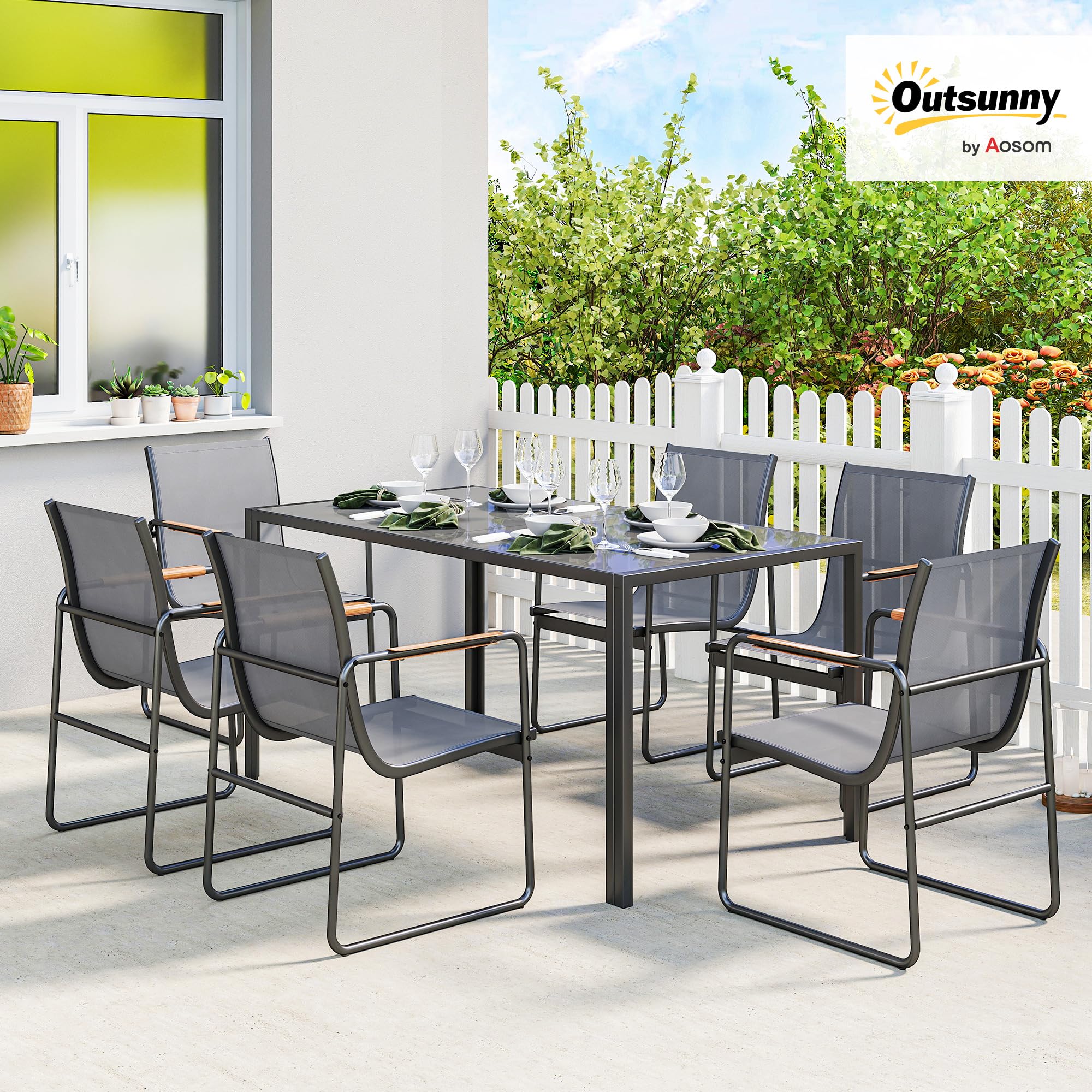 Outsunny 7-teiliges Outdoor-Esszimmer-Set für 6 Personen, Glastisch und Stühle mit dekorativen Armlehnen, Gartenmöbel aus Stahl für die Terrasse, grau