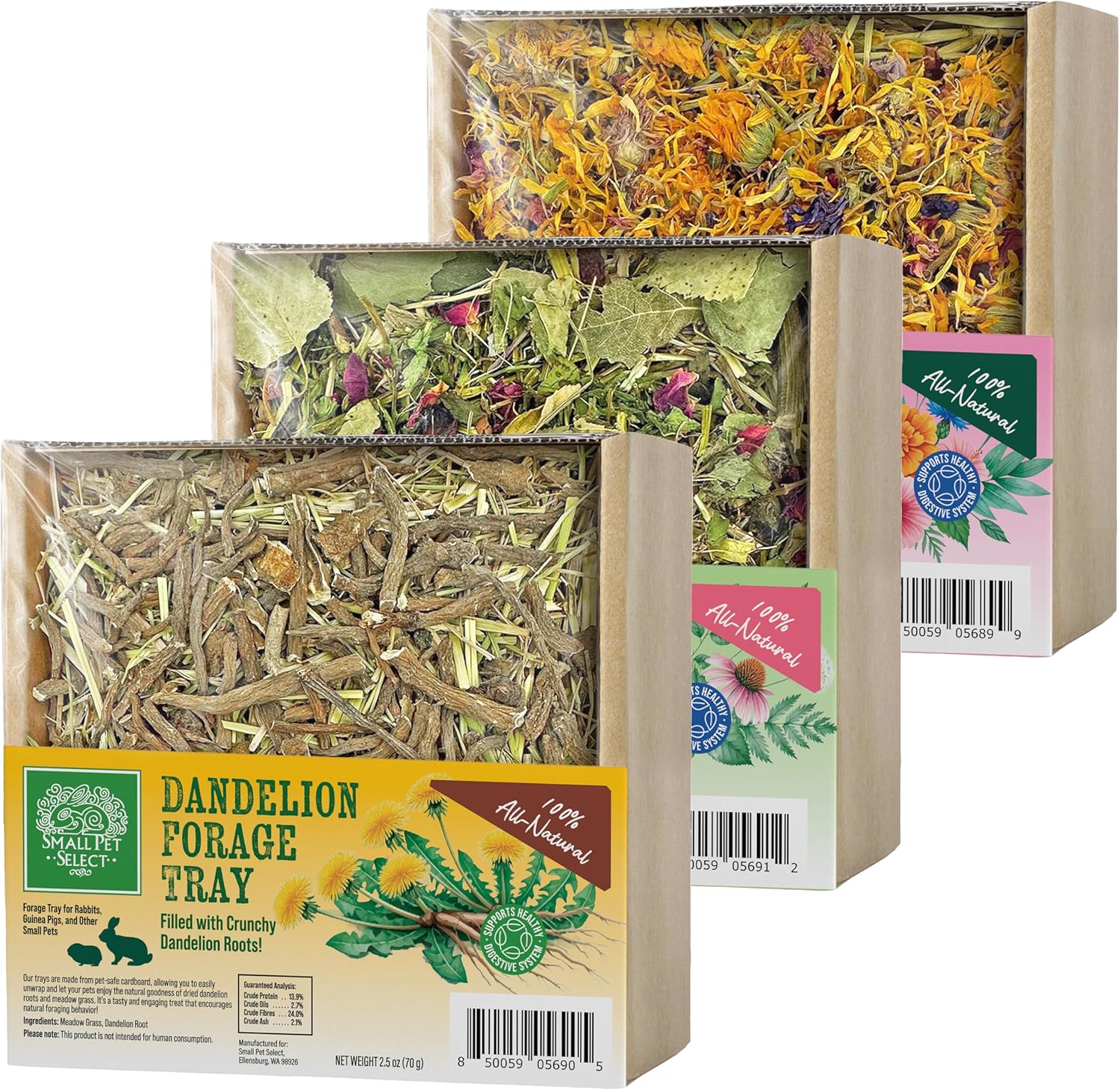 Small Pet Select Forage Tray Bundle, 3 Pack of Foraging Trays for Rabbit, Guinea Pig, Hamster or Bunny – Natural Treats, Dandelion, Flower, Herb Mix 2.5oz Each