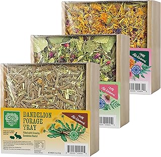 Small Pet Select Paquete de bandejas de forraje, paquete de 3 bandejas de forraje para conejo, cobaya, hámster o conejo, golosinas naturales, diente de león, flores, mezcla de hierbas, 2.5 onzas cada
