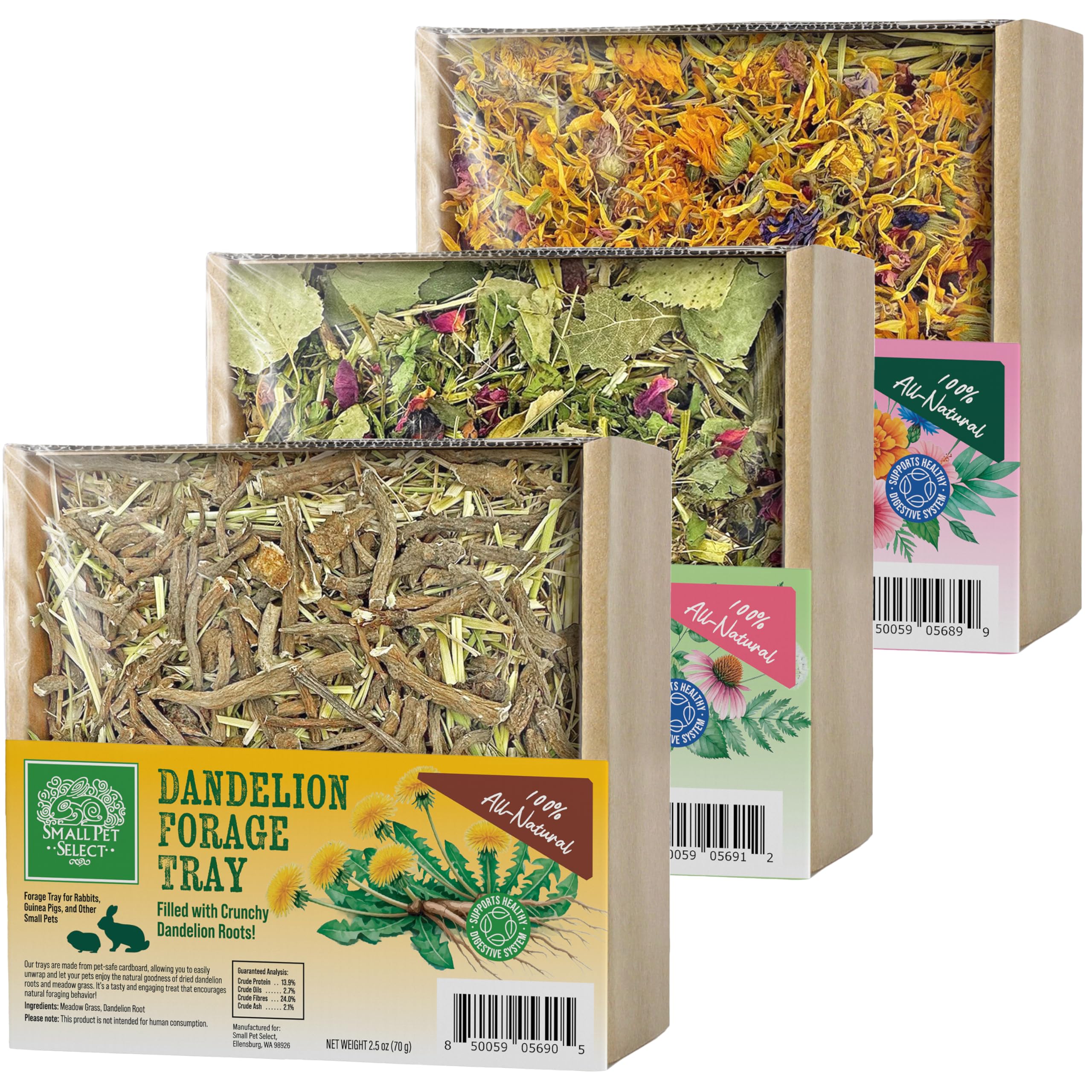 Small Pet Select Forage Tray Bundle, 3 Pack of Foraging Trays for Rabbit, Guinea Pig, Hamster or Bunny - Natural Treats, Dandelion, Flower, Herb Mix 2.5oz Each