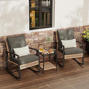 3 Piece Patio Rocking Chairs Set of 2, Outdoor Rocking Chair Bistro Set with Tempered Glass Coffee Table and Thick Lumbar Pillow Set, Front Porch Chairs for Garden, Backyard Gray Cushion