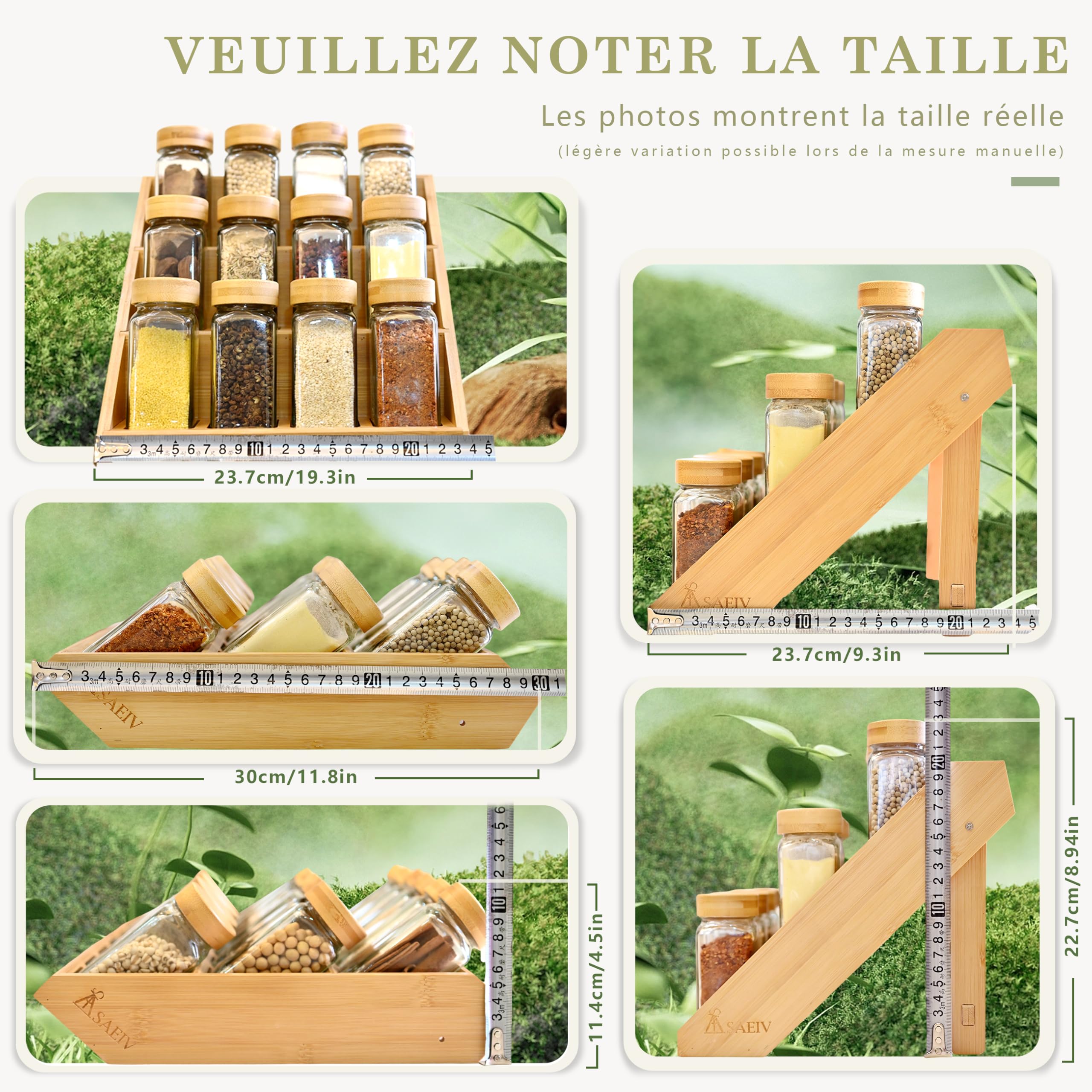 SAEIV 12 Pièces Bocaux Épices en Verre Borosilicaté Sans BPA, Pot à Epices en Verre et Bois Naturel avec Range Epices Cuisine Tiroir, Porte-Épices Étagère à Épices Inclinée Idéal pour Épices Rangement