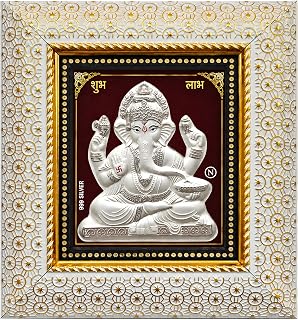 999 Pure Silver Ganesha Frame with Purity Certificate & Resale Value – Table Top & Wall Mount for Pooja Room, Home, Office & Door Entrance | Wedding & Corporate Gift – 8.6 × 8 Inch