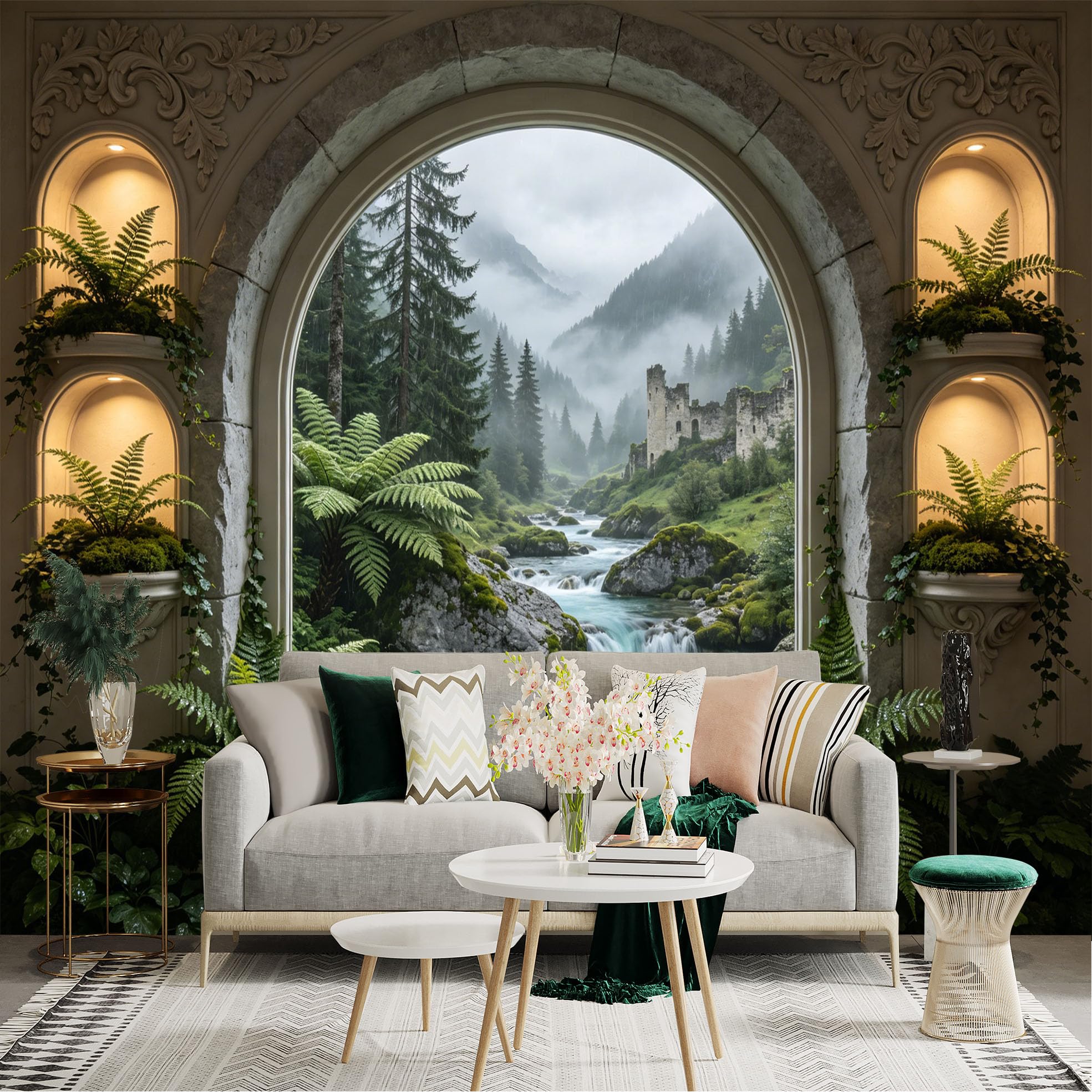 Lnzczhyre Dbh260521028 Custom Size Wall Sticker Mural， Ancient Stone Castle View， Misty Mountain Forest Stream， Lush Tropical Ferns And Greenery， For Wall Decoration， Peelandstick Wall Decals.