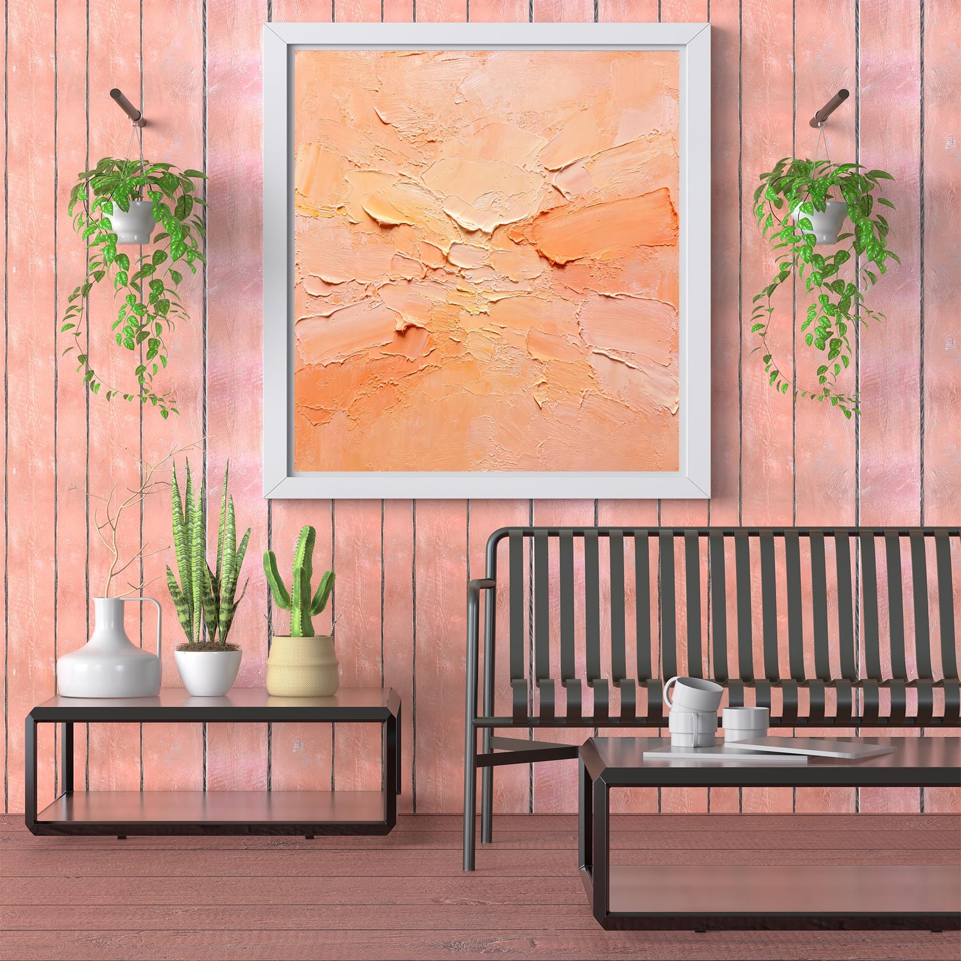 Pintura Al Óleo Abstracta En Tonos Neutros De Melocotón Y Naranja Pintada A Mano con Técnica Impasto Sobre Lienzo. Arte Mural Moderno Minimalista En Tonos Cálidos Estilo Wabi-Sabi para Sala De E