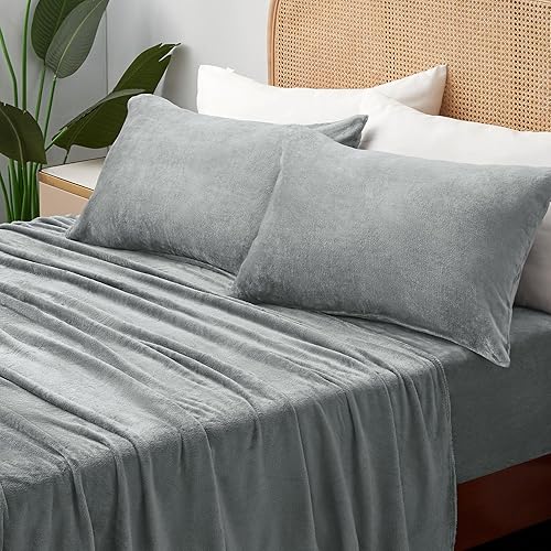 Miniatura 2 de BEDELITE Juego de sábanas de franela tamaño individual, color gris, juego de sábanas de forro polar súper suaves y esponjosas, 3 piezas (incluye