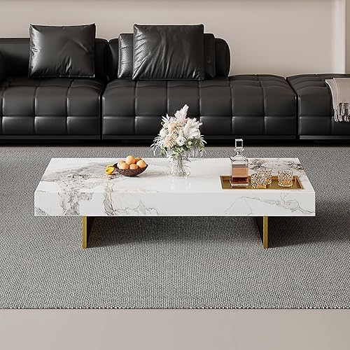 Vista 3 de Mesa auxiliar rectangular de mármol de 51.18 pulgadas, moderna parte superior de piedra sinterizada blanca con base de metal dorado, mesa central