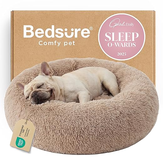 Bedsure Calming Dog Bed Medium Size Dog - Donut Washable Medium Pet Bed, 30 inches Anti-Slip Round Fluffy Plush Faux Fur Cat Bed, Fits up to 45 lbs Pets, Camel