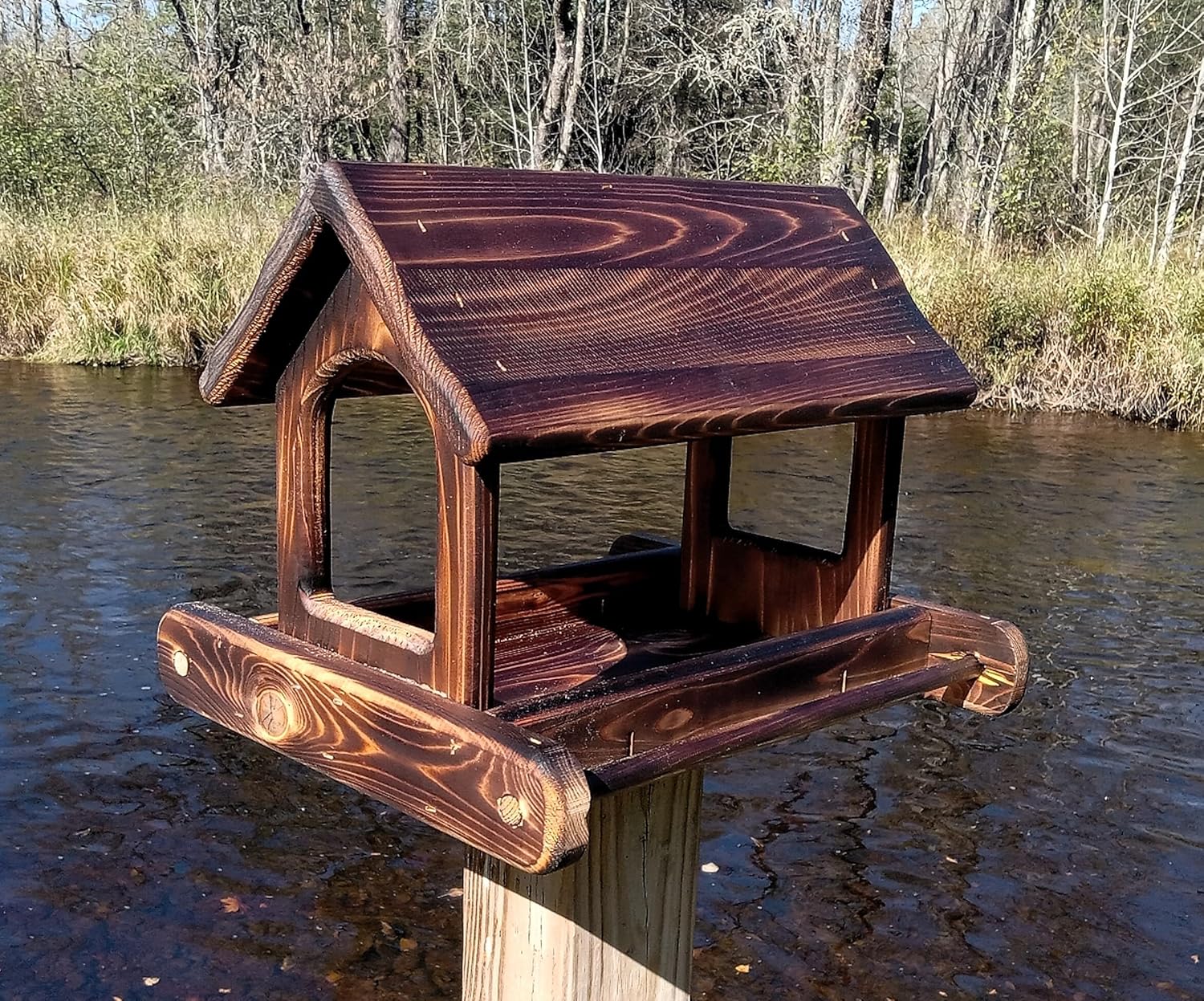 14 Inch Post Mount Cedar Wood Fly Through Platform Bird or Squirrel Feeder for Outdoors