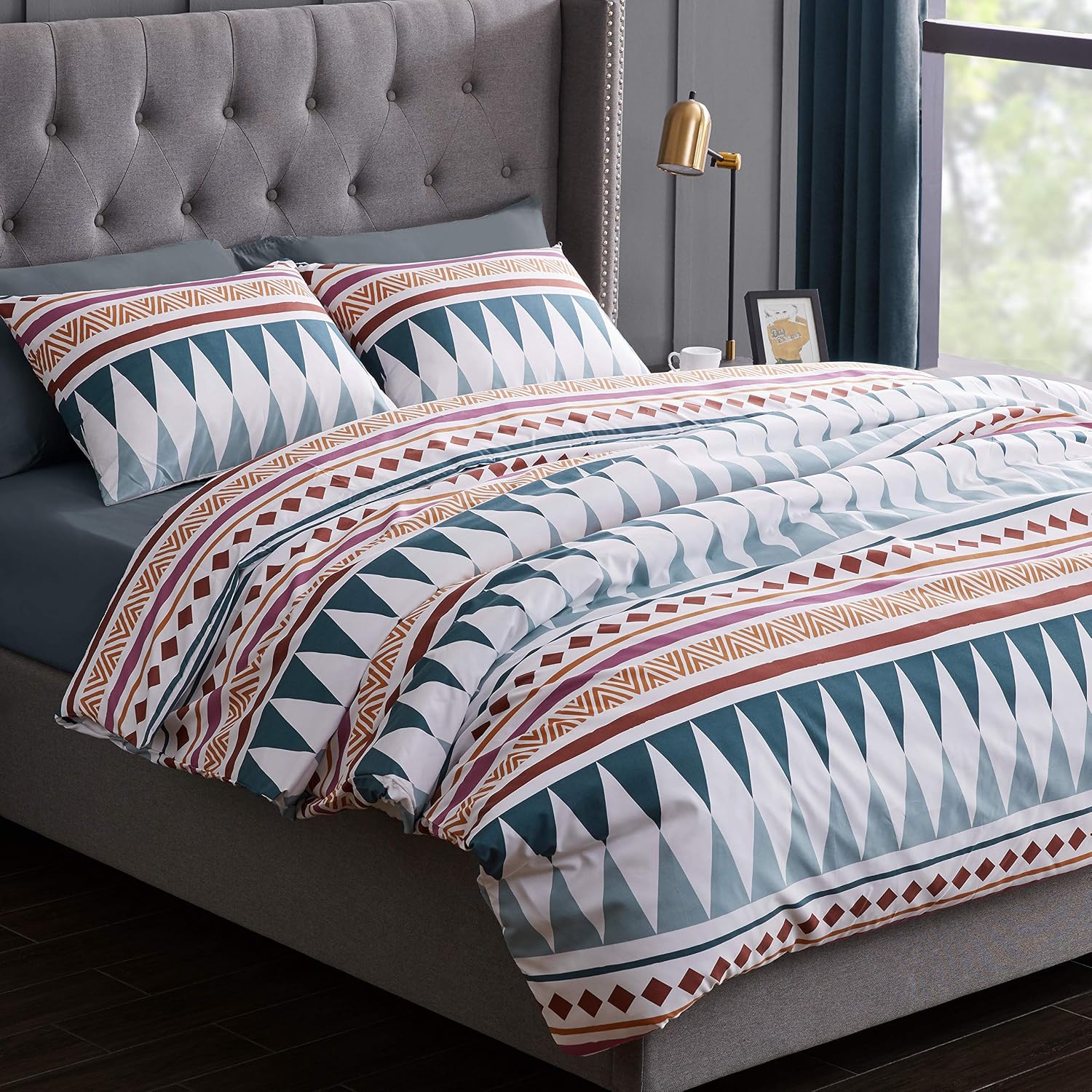 Buy 2 get 3 Boho Chic Bohemian Teal Blue Geometric Duvet Comforter Cover and Sham 3 pc. Full/Queen Size Bed Bedding Set Modern Rustic Southwestern Colorful Aztec Hippie Patterned Tribal Diamond Triangle Urban