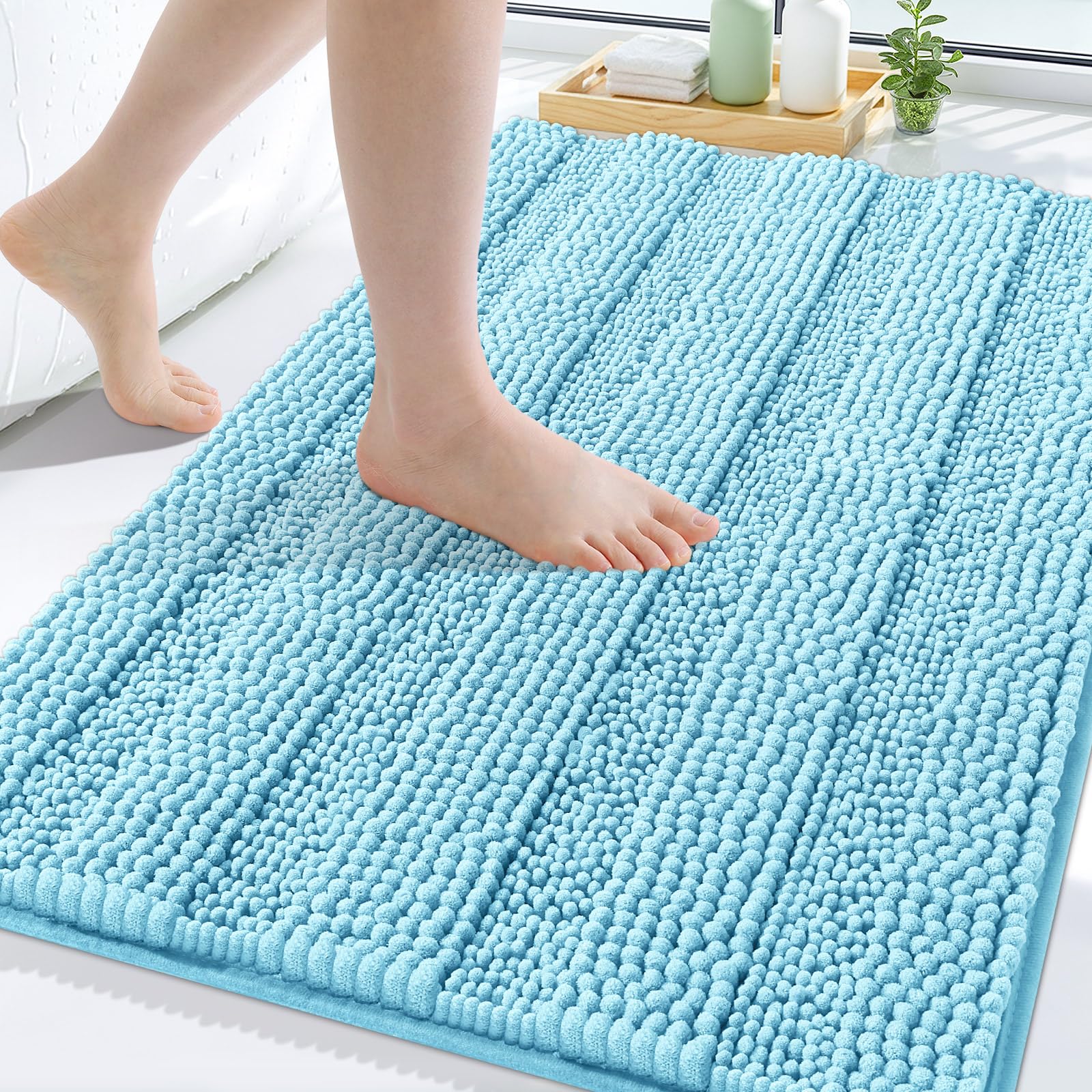 Grandaily Chenille Bathroom Rugs 24x16, Soft Absorbent Bath Mats, Sky Blue