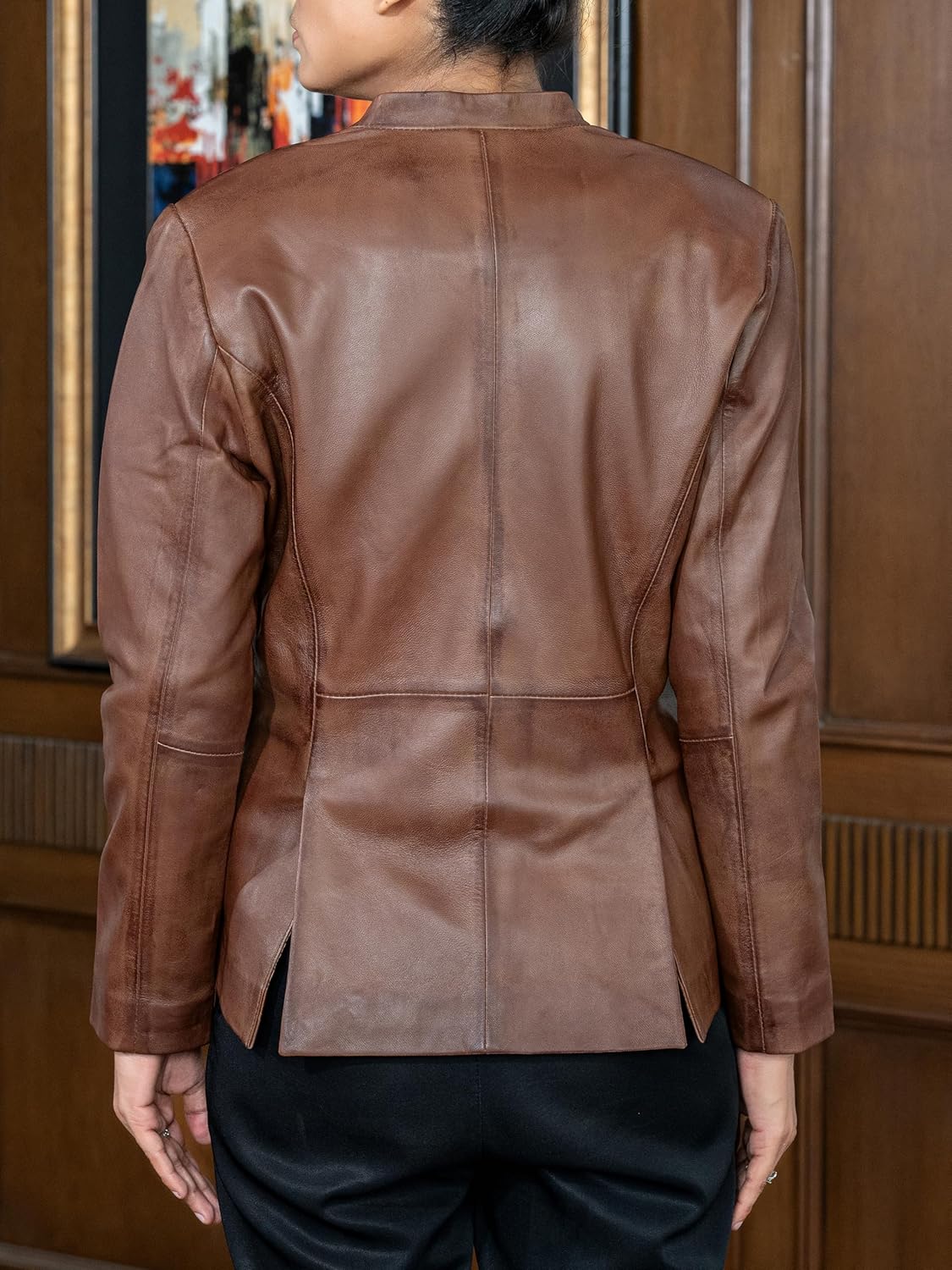 Jild Mandarin Collar Leather Blazer Women - Invisible Stitch Elegant Casual Coat Style Lambskin Leather Jacket Women - Image 5