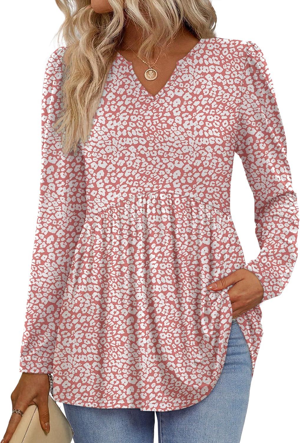 WIHOLL Womens Tops Long Sleeve Fall Shirts Babydoll Peplum Tops for Women V Neck Tunic Dressy Casual Blouses