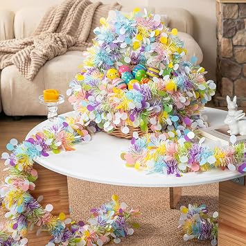 50FT Colorful Tinsel Garland for Party Decorations, Glitter Spring Decorations Pastel Tinsel Garland, Mantel, Staircase, Table, Door, Office, Classroom, Easter Party Decor Indoor Outdoor