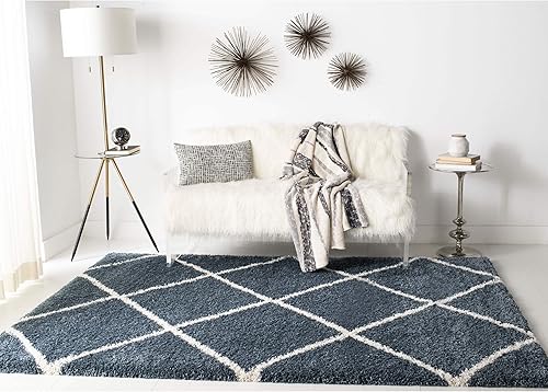 Miniatura 10 de SAFAVIEH Colección Hudson Shag -Alfombra de 5 pies 3 pulgadas x 7 pies 6 pulgadas, azul pizarra y marfil, diseño de enrejado, no desprende pelusa y