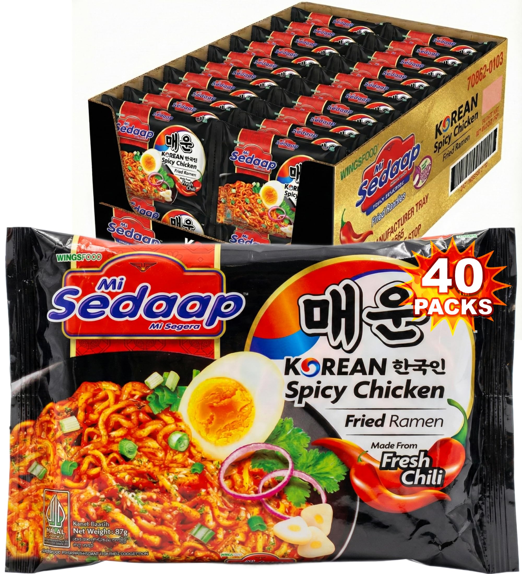 Mi Sedaap Korean Spicy Chicken Instant Fried Ramen Noodles (Pack of 40) – Made with Fresh Chili
