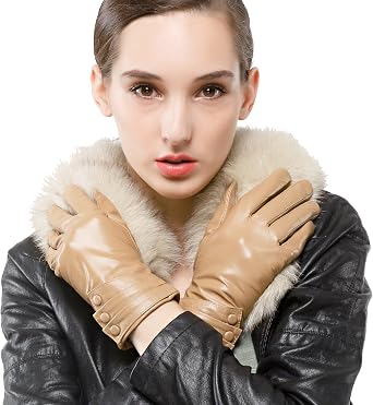 Women Leather Gloves - Touchscreen Lambskin Fleece Lining Driving Winter Warm