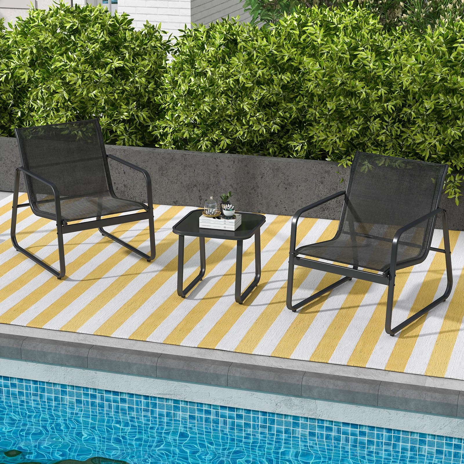 COSTWAY Conjunto Mesa y Sillas Jardin 3 Piezas, Conjunto Jardin Exterior Mesa y Sillas, 2 Siilas de Tela Transpirable y 1 Mesa Encimera de Vidrio Templado,Terraza Balcón (Negro)
