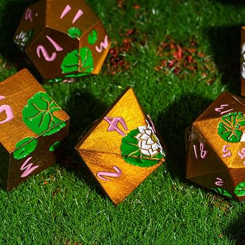 Cusdie 7-Die Lotus Metal DND Dice Set, D&D Metal Dice, Polyhedral Dice Set, for Role Playing Game Pathfinder(Ancient Gold w/Pink Numbers)