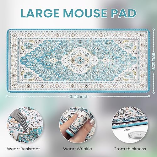 Miniatura 2 de iCasso Tapete de escritorio grande para teclado y mouse, tapete de escritorio retro, tapete de teclado antideslizante con bordes cosidos,