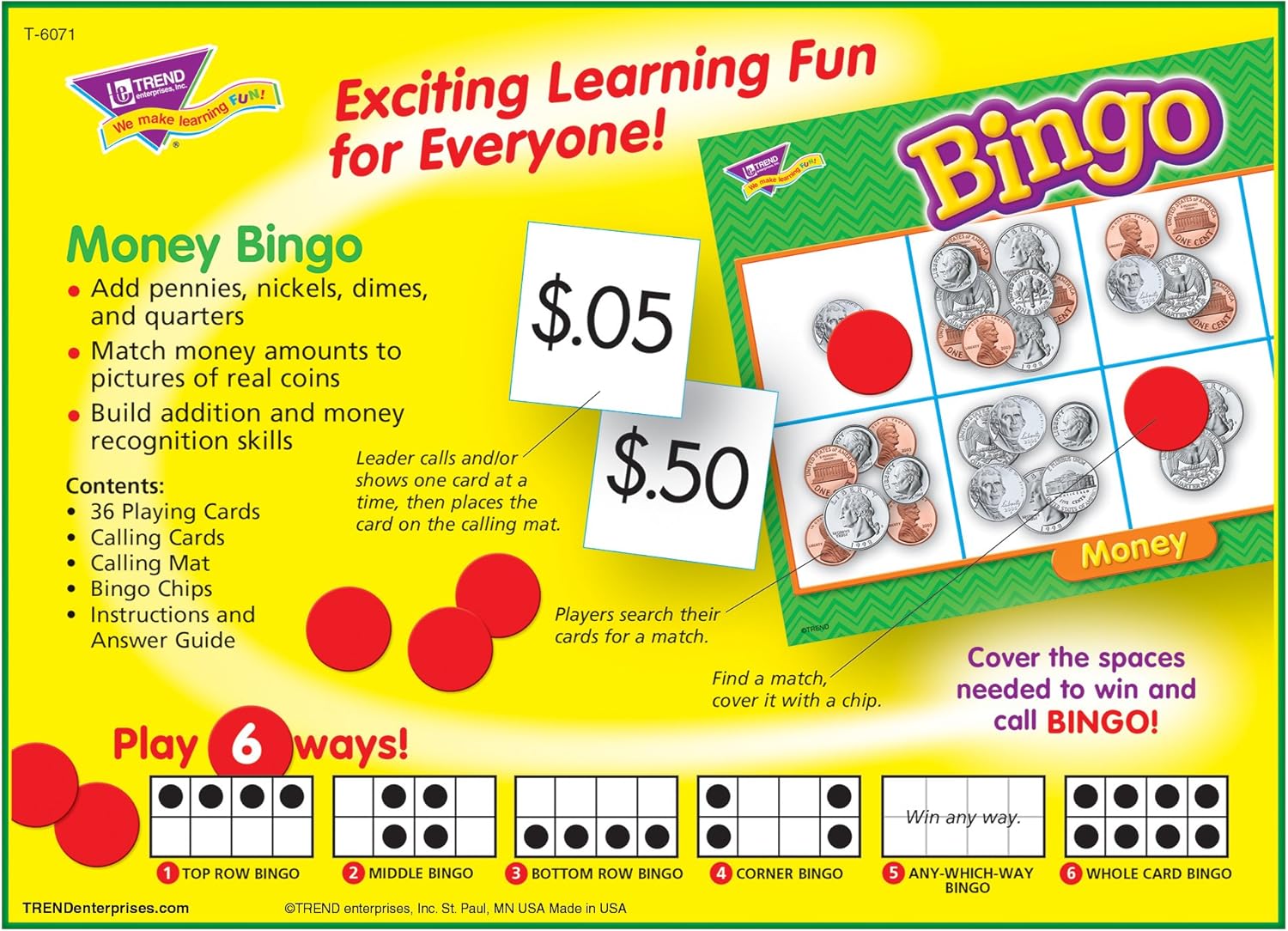 Trend Enterprises: Money Bingo Game, Exciting Way for Everyone to Learn, Play 6 Different Ways, Great for Classrooms and at Home, 3 to 36 Players, for Ages 5 and Up
