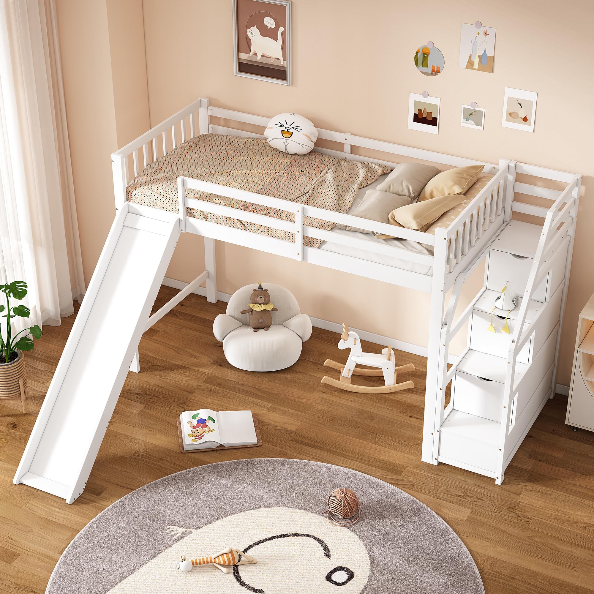 Kinderbett mit Rutsche und Treppe (Ablageleiter), Hochbett 90x200cm, Bett mit Lattenrost & Rausfallschutz, Bettrahmen aus Massivholz, für Kinder und Jugendliche, EN747 Zertifiziert, Weiß