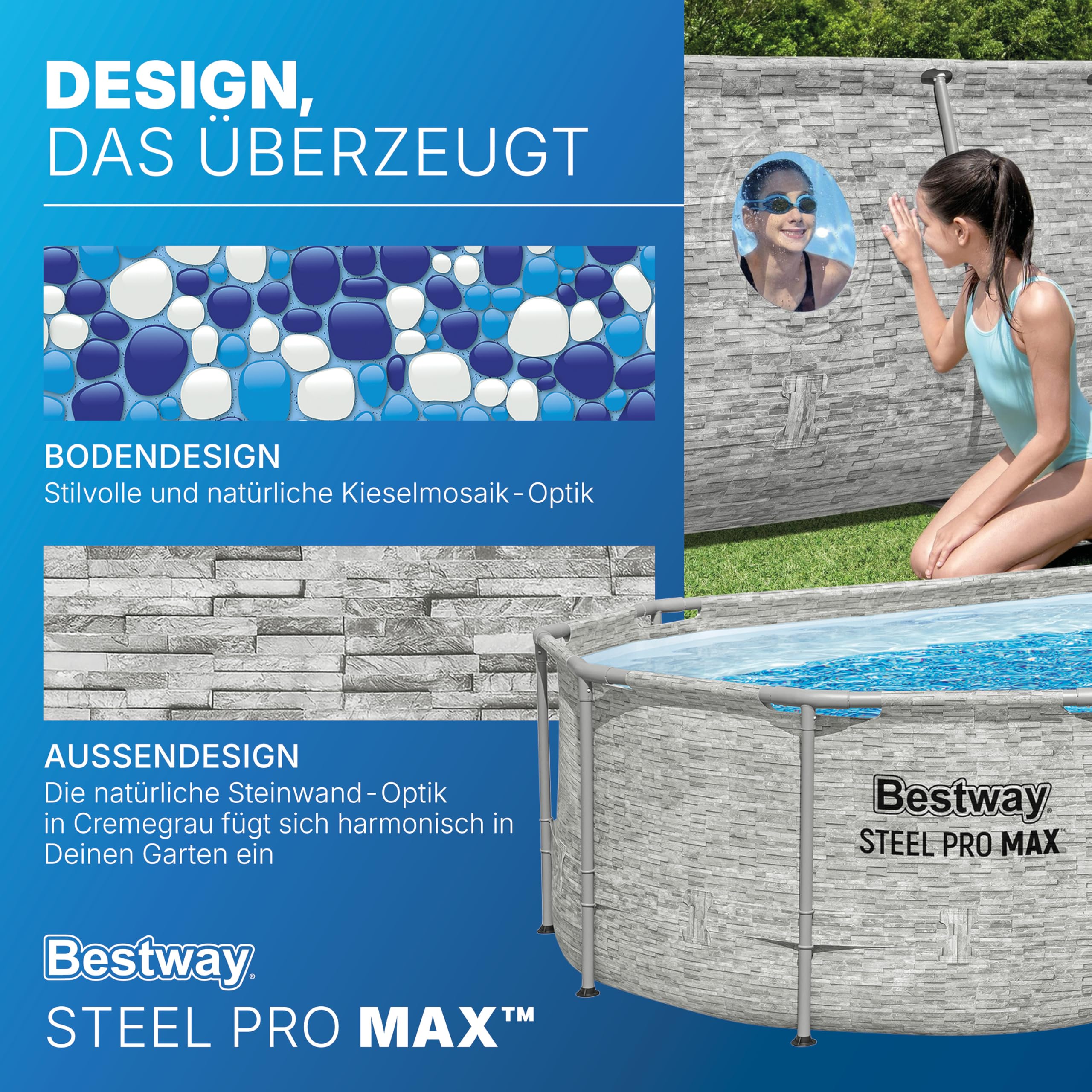 Bestway Power Steel Swim Vista Series Frame Pool Komplett-Set mit Sandfilteranlage 488 x 305 x 107 cm, Steinwand-Optik (Cremegrau), oval