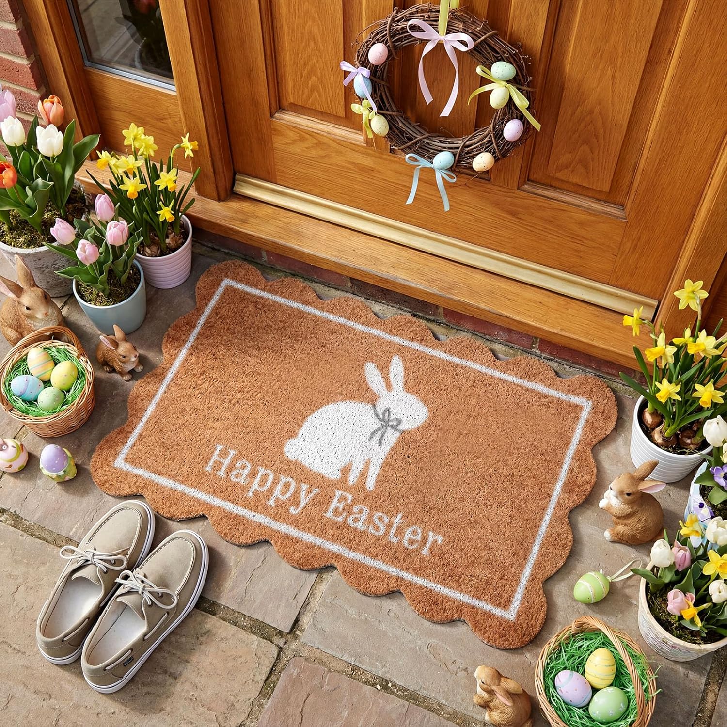 Dunzy Easter Doormat Happy Easter White Bunny Coir Door Mat Outdoor Natural Rabbit Welcome Non-Slip Front Mat Decorative Rugs Gifts for Indoor Home Farmhouse Entrance Porch Spring Party Decor