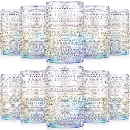 Zubebe 12 Count Iridescent Hobnail Drinking Glasses 14 oz Highball Glasses Vintage Embossed Drinking Tumbler Glasses Glassware Set for Juice Beer Soda Beverage