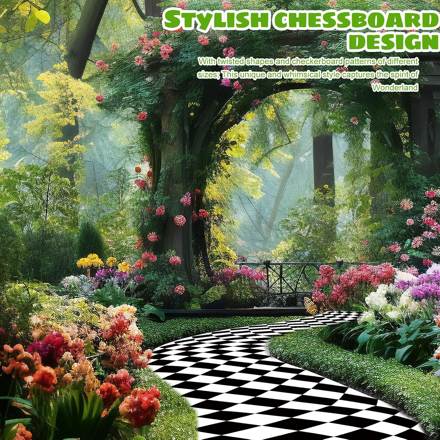 Preboun 47 x 118 Inches Wonderland Party Decoration Black and White Aisle Runner Backdrop Rug Carpet Wall Art for Wonderland Birthday Party Decorations