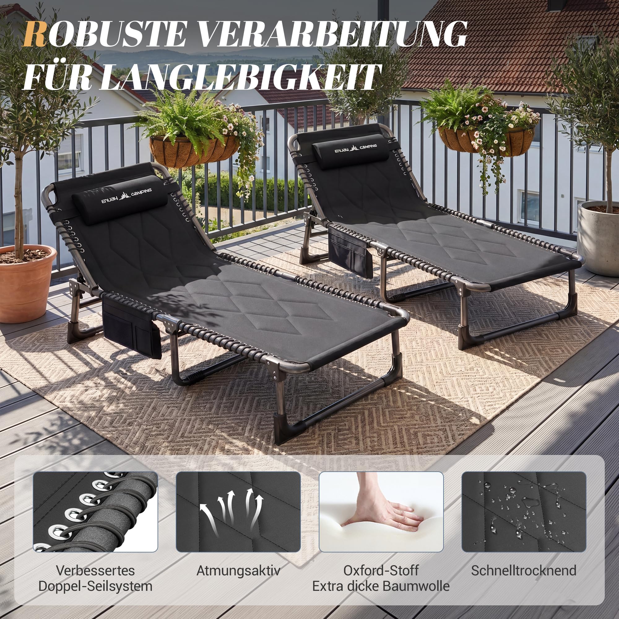 UDPATIO Camping Betten Feldbetten Klappbar, Liegestuhl Mit Auflage Polster, Gartenliege mit Verstellbarer Rückenlehne, Strandliege Campingliege für Outdoor Camping Schwarz