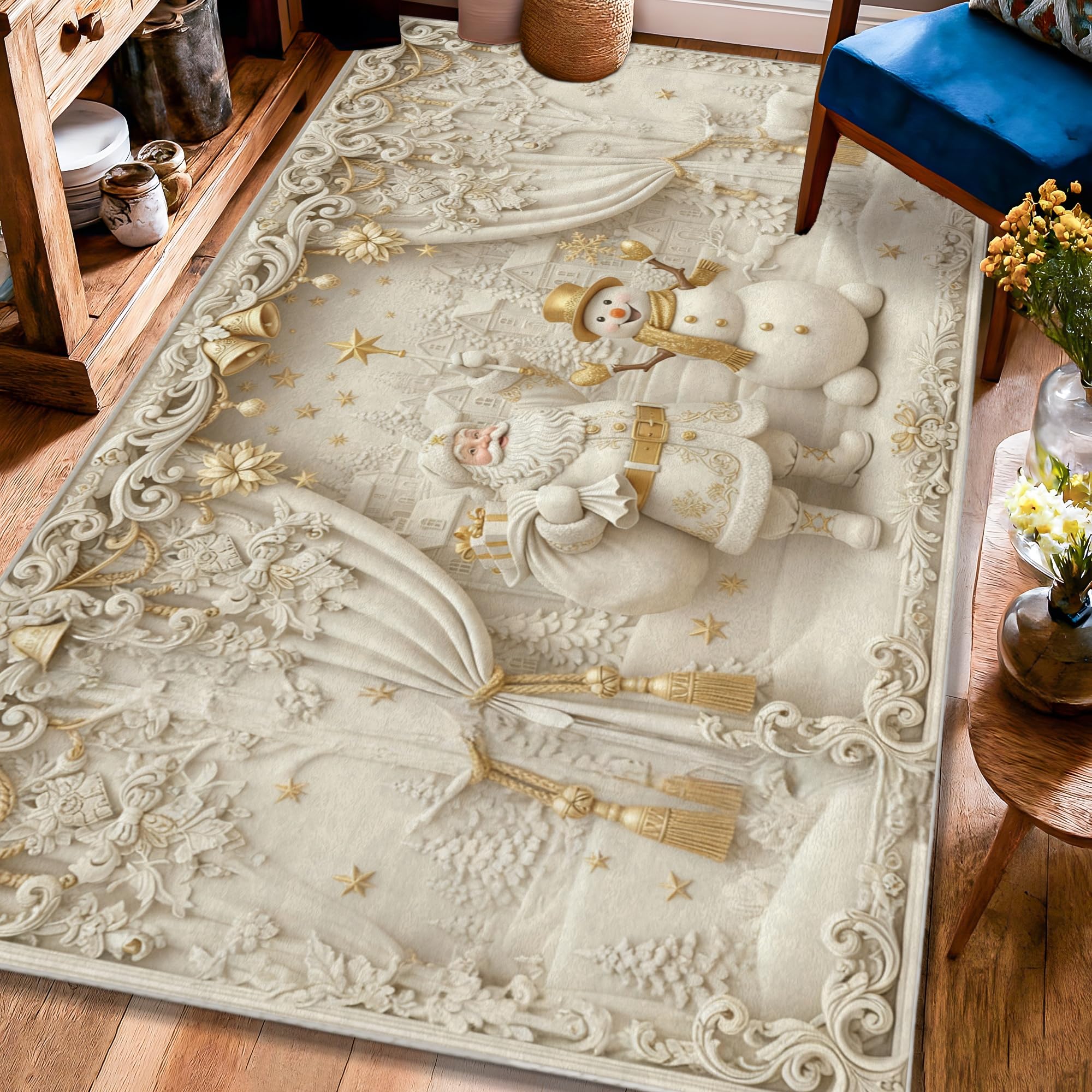 Weihnachtsmann-Teppich, weihnachtliche festliche Schneemann-Vorhänge, Weihnachtsmotiv, rutschfeste Unterseite, rechteckig, fusselfrei, für Wohnzimmer, Schlafzimmer, Küche, Flur, Dekoration, 122 x 150