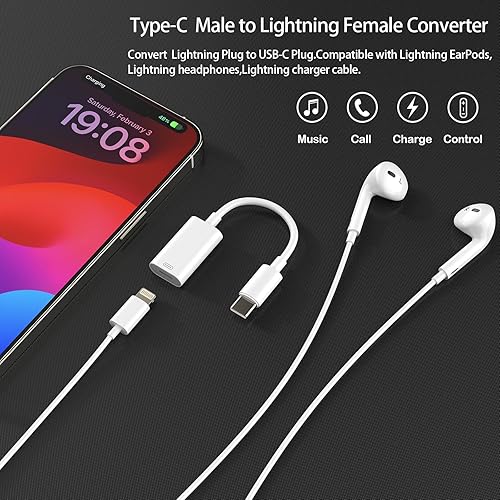 Miniatura 3 de Adaptador USB-C macho a Lightning hembra, convertidor tipo C a Lightning para audio, carga y datos, apto para auriculares Lightning, iPhone 15,