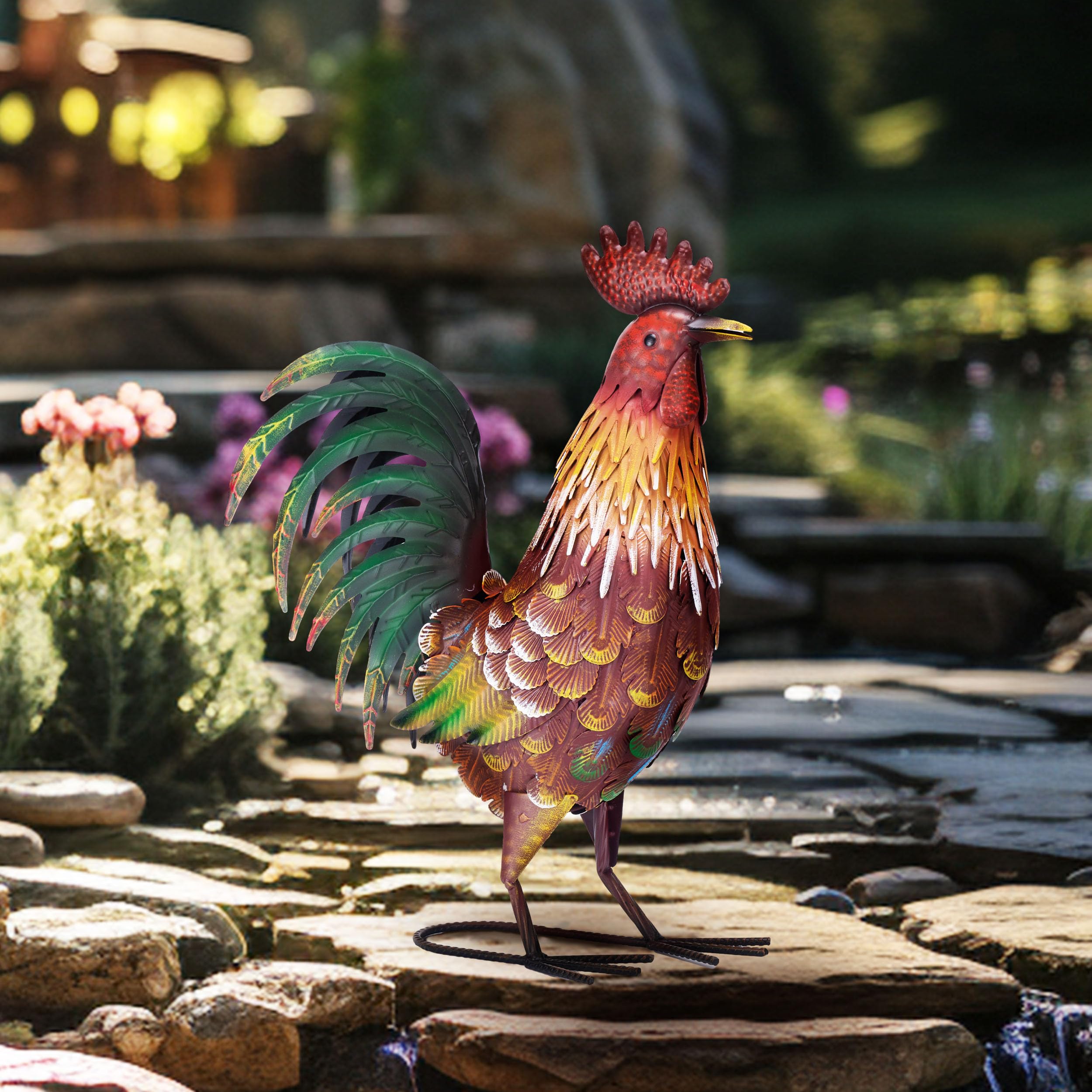 TERESA'S COLLECTIONS Roter Metall-Hahn-Gartenstatuen und Skulpturen für Outdoor-Dekoration, Tier-Huhn-Hof-Kunst für Gartendekoration, Rasen-Ornament für Veranda, Hinterhof, Terrasse, Küche, Geschenke
