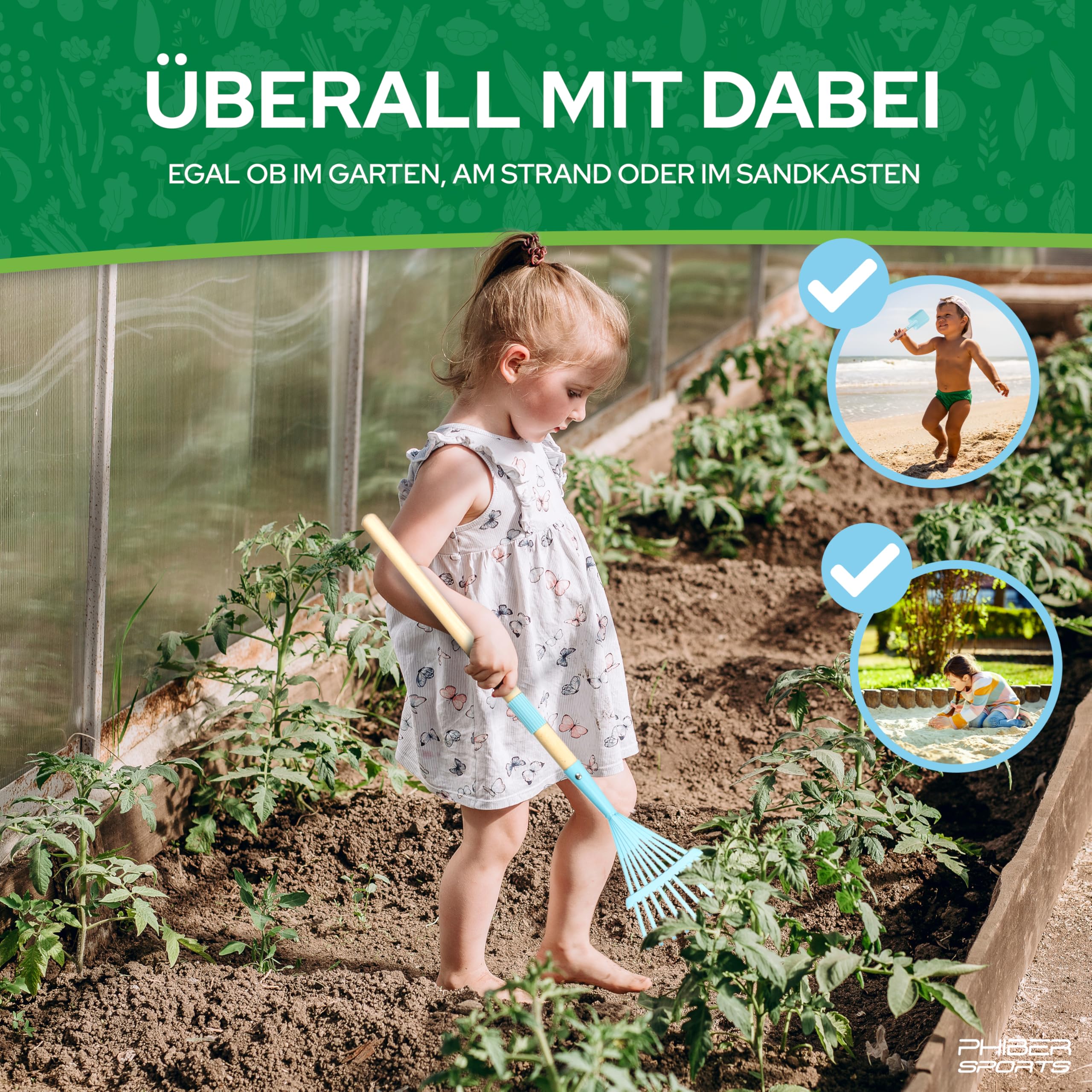 PHIBER-SPORTS Kinderschubkarre mit Gartenwerkzeug aus Metall - Schaufel, Besen, Rechen, Laubrechen + Wetterfeste Sticker