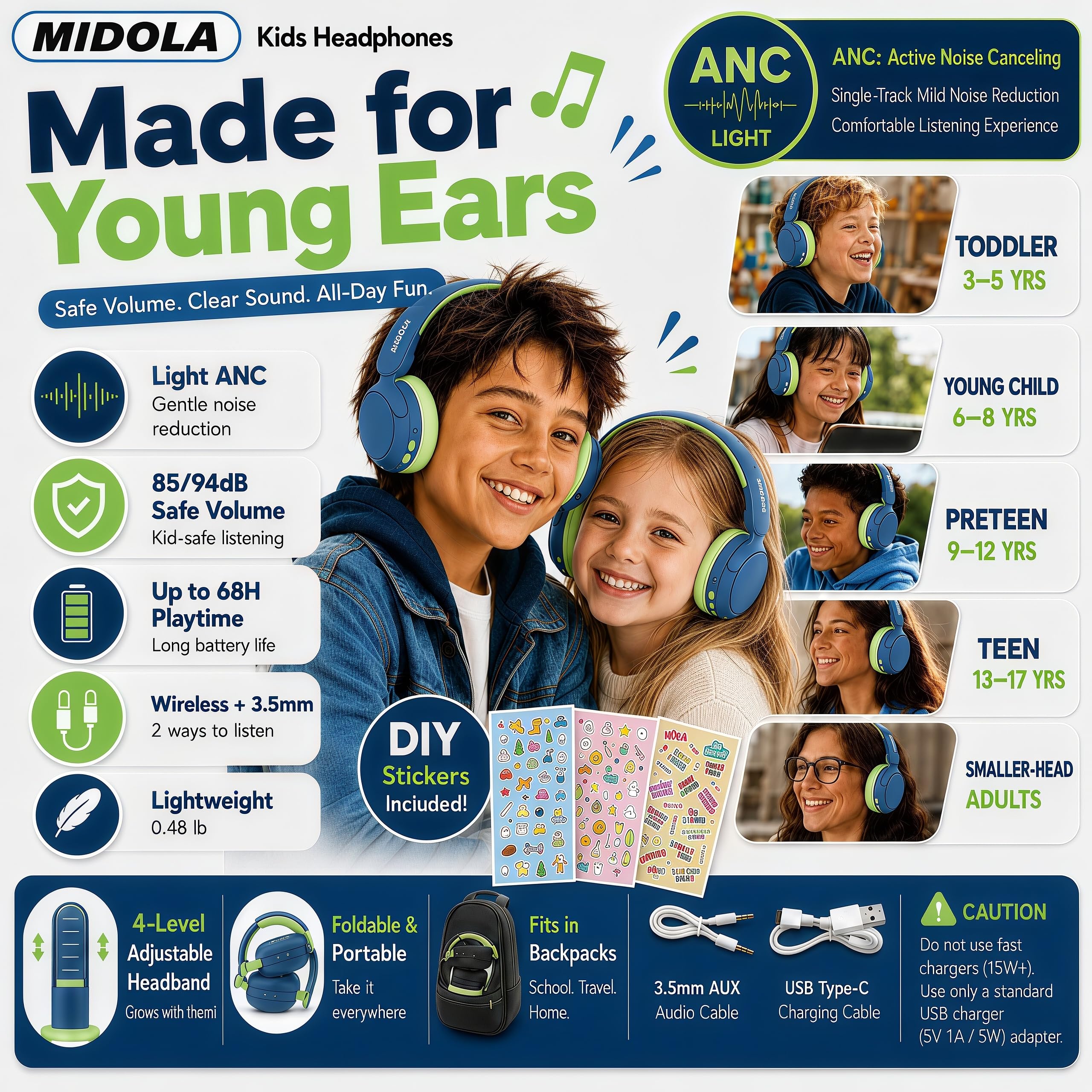 MIDOLA Kinder-Kopfhörer mit aktiver Geräuschunterdrückung, Bluetooth 5.4, kabellose Lautstärke, begrenzt 85/94 dB, Typ C, schnelles Aufladen, Over-Ear-Kopfhörer, faltbar, mit Mikrofon, AUX-Kabel, für
