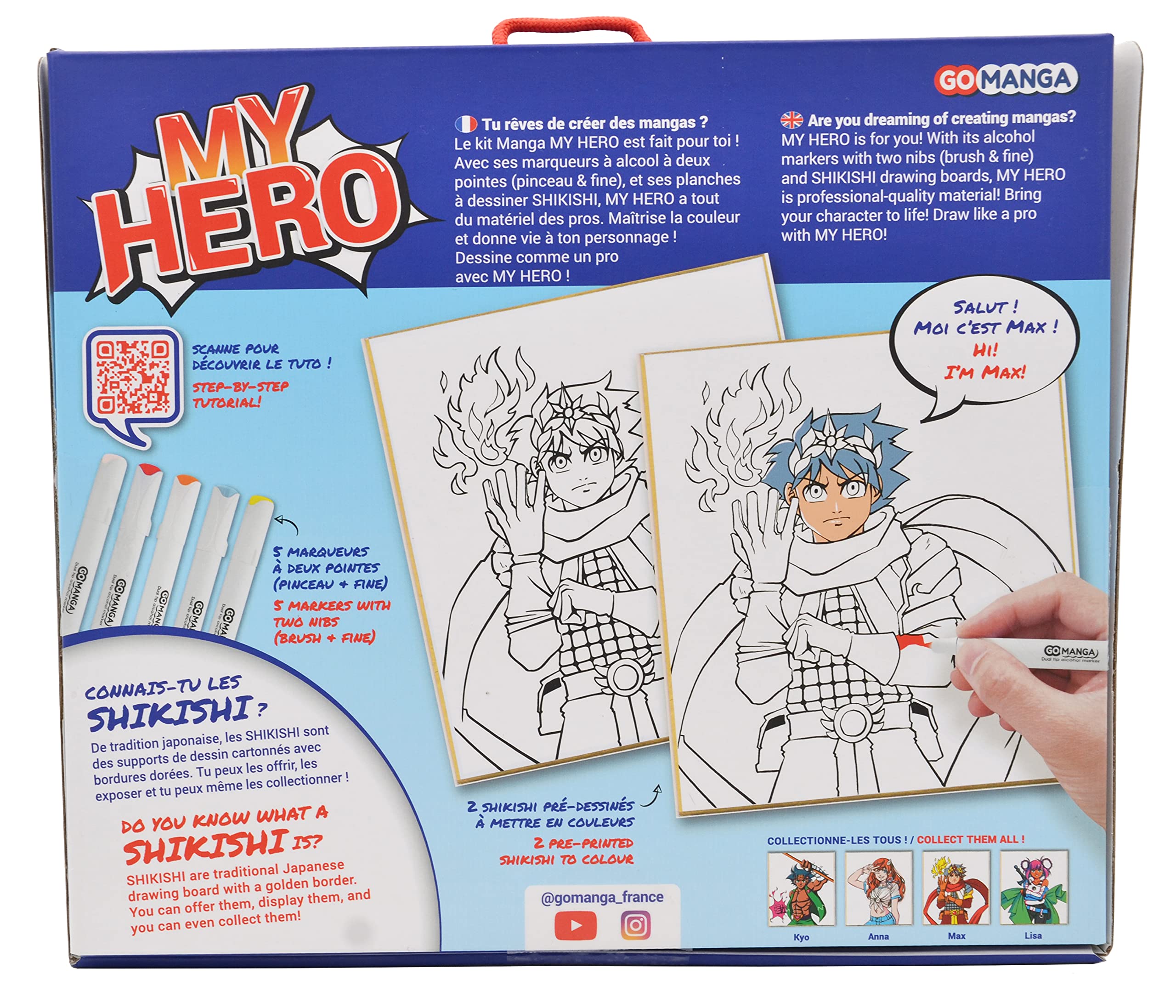 GO MANGA Manga Drawing Kit with 5 Alcohol Markers Double Tip My Hero, Paper, Max, 2 Shikishi 27 x 27 cm