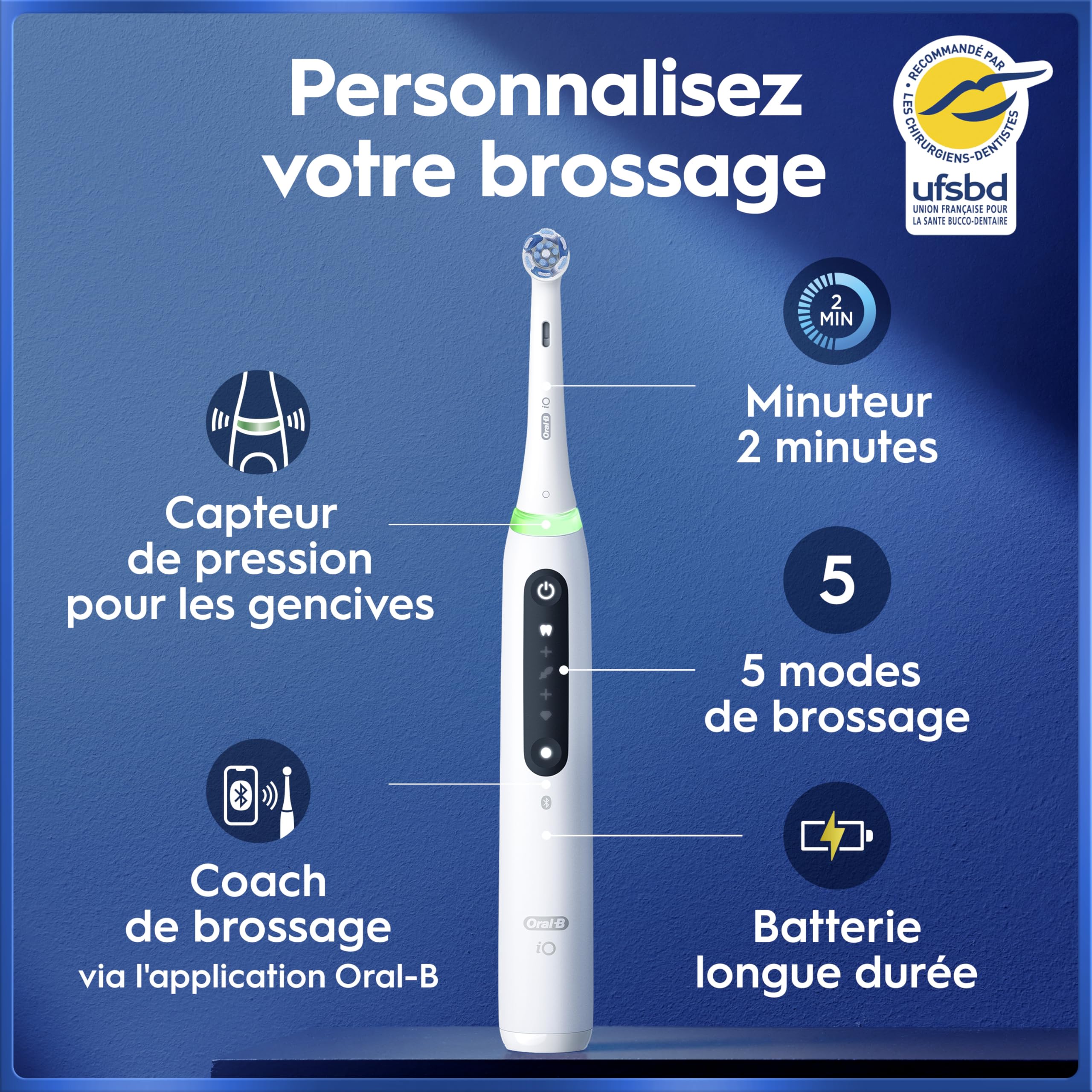 Oral-B Brosse à Dents Electrique iO 5 avec Brossette de Rechange, Blanche – 5 Modes de Brossage dont Douceur et Blancheur, Capteur de Pression sur les Gencives et d’Usure, Batterie Rechargeable, Etui