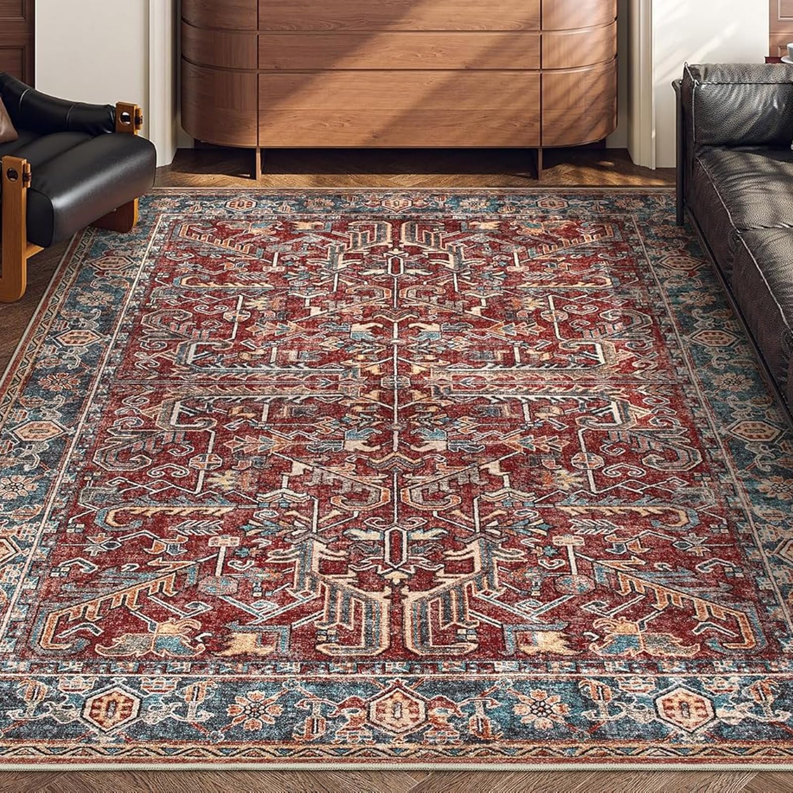 Tapis à poils courts rouge motif oriental vintage lavable 110 x 160 cm