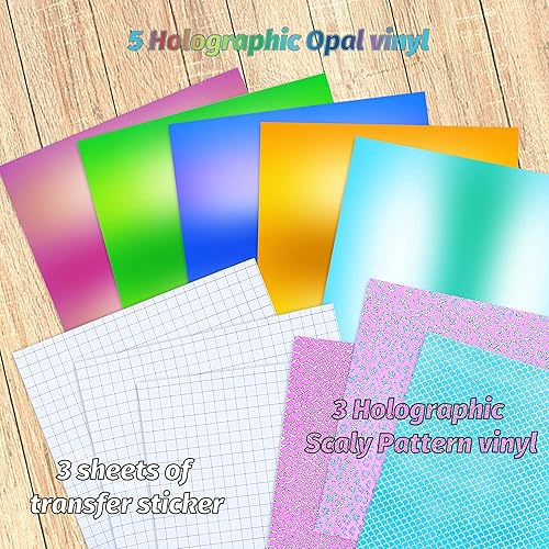Miniatura 2 de Vinilo holográfico permanente, hojas de vinilo adhesivo de 12 x 12 pulgadas, 5 vinilos holográficos de ópalo + 3 vinilos holográficos