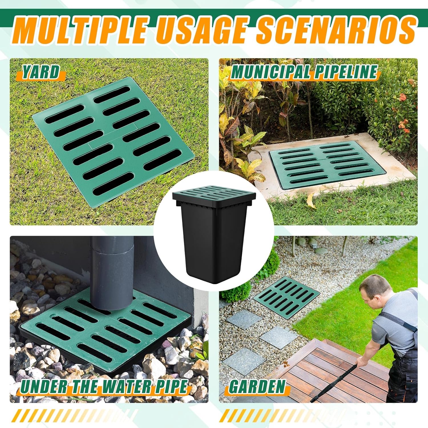 Catch Basin with Grate 15 x 15 × 24 Inch Square Large Catch Basin for Drainage with Debris Basket French Drain Without Reserved Hole for Yard, Downspout, Lawn, Municipal Pipeline